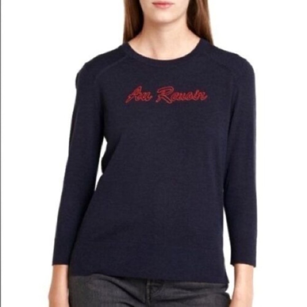 NWT Banana Republic Navy Blue Extra Fine Merino Wool Sweater "Au Revoir" Small